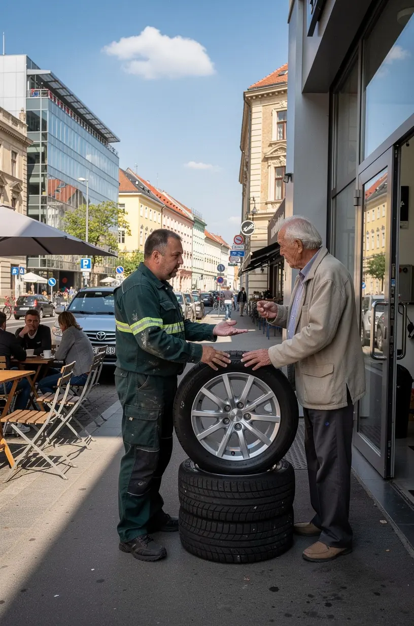 Technik kontroluje stav a tlak pneumatík pred sezónnou výmenou.